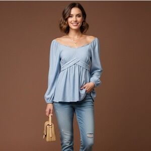 FIFTY STREET Women Blue Pinstripe Smocked Off Shoulder Long Sleeve Peplum Top XL